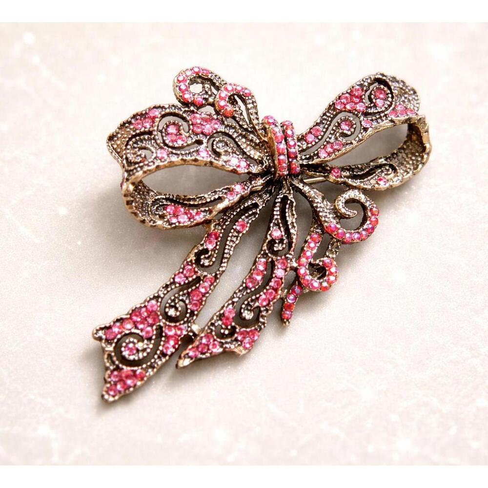 Vintage Pink Rhinestone Bow Brooch Gold Tone Filigree Statement FREE SHIPPING